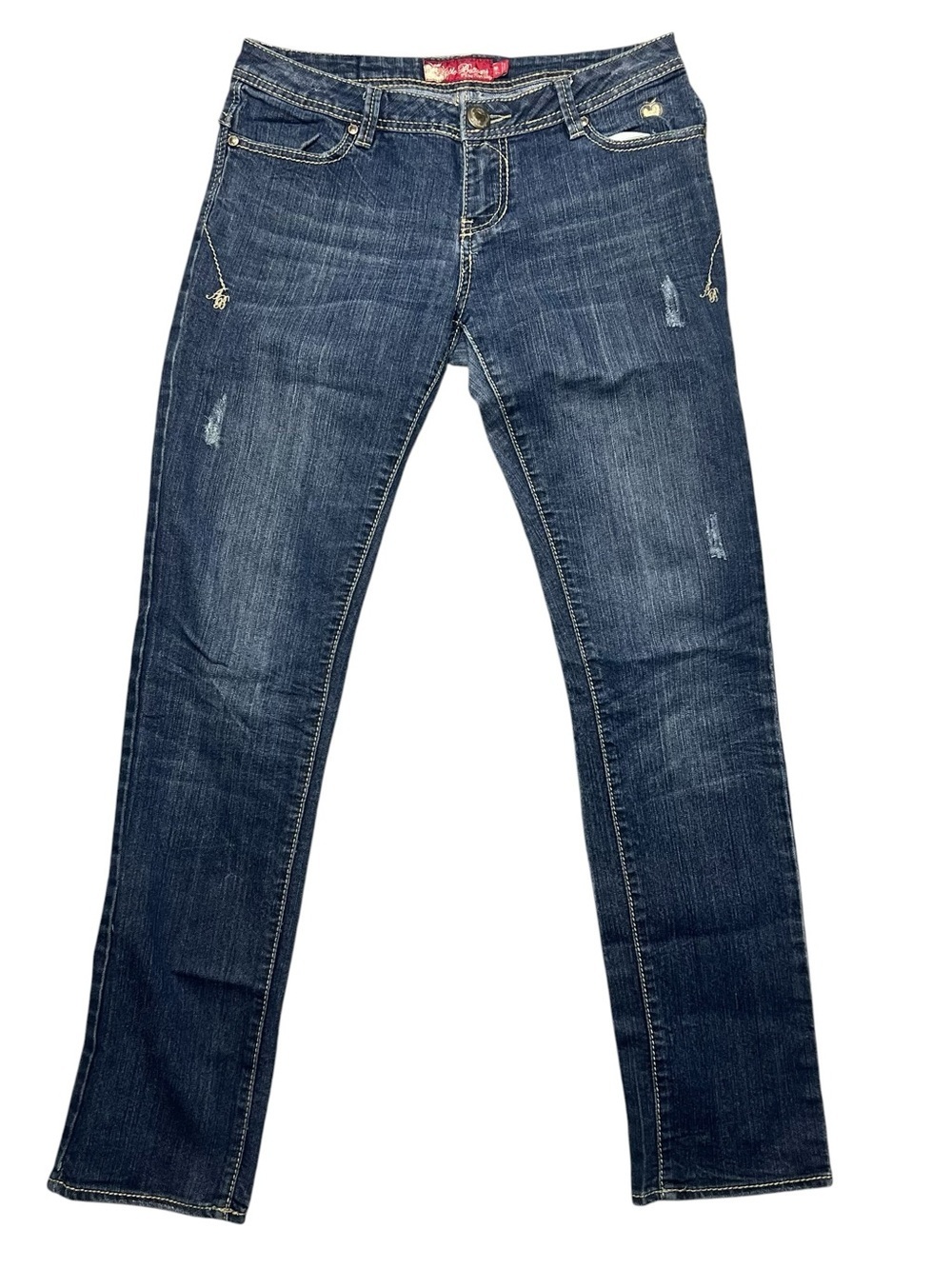 Y2K Apple Bottoms Low Rise Studded Dark Indigo Jeans Red Brand Label Size 7/8 M